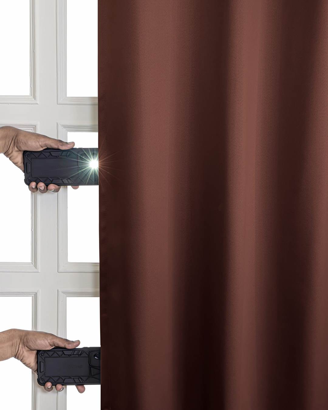 Header eyelets and tieback detail on 9 feet espresso brown blackout curtains