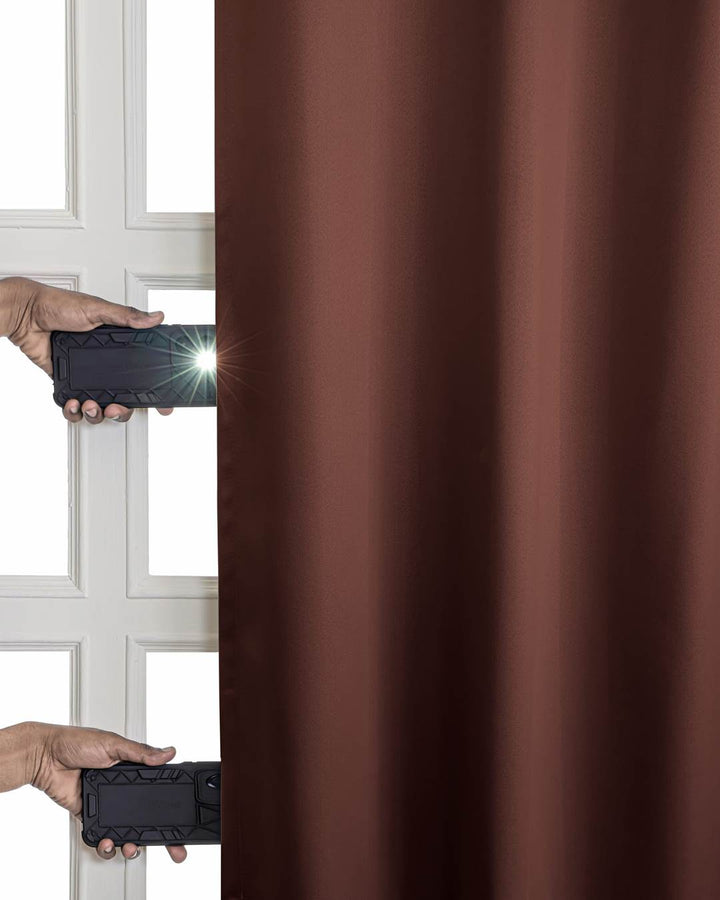 Header eyelets and tieback detail on 9 feet espresso brown blackout curtains