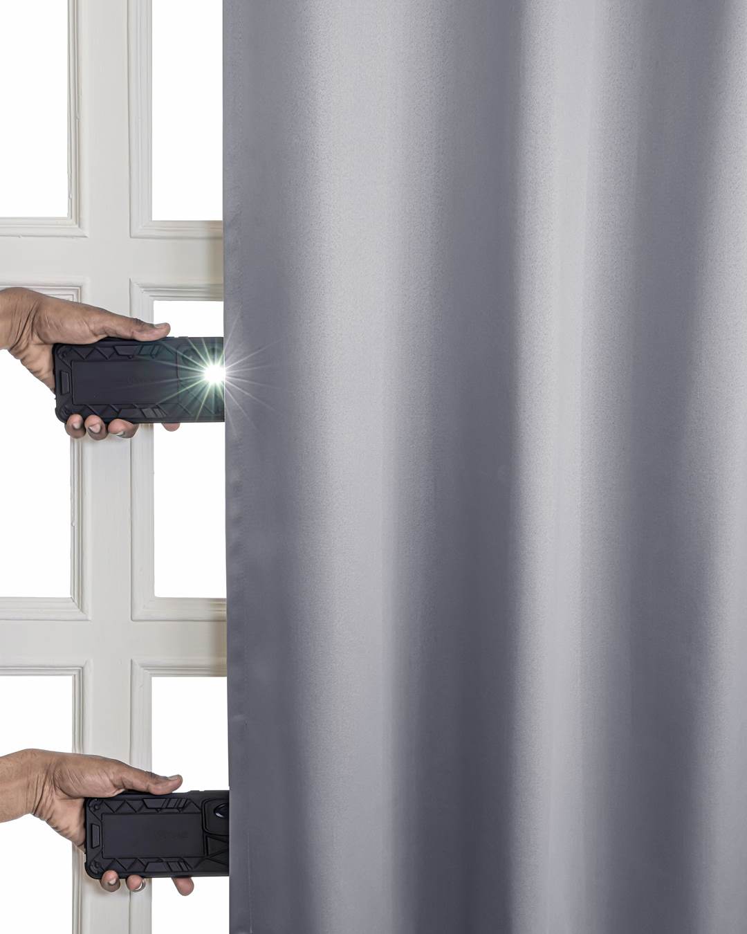 Top eyelets and matching tiebacks on 9 feet smoke grey blackout curtains