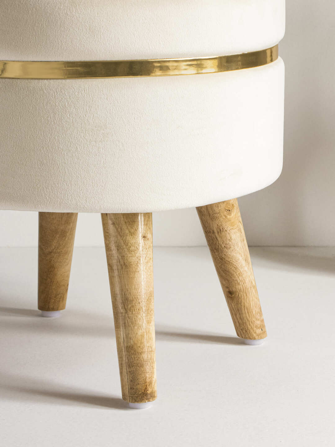 Light Cream Stool With Golden Ring & Wood Legs