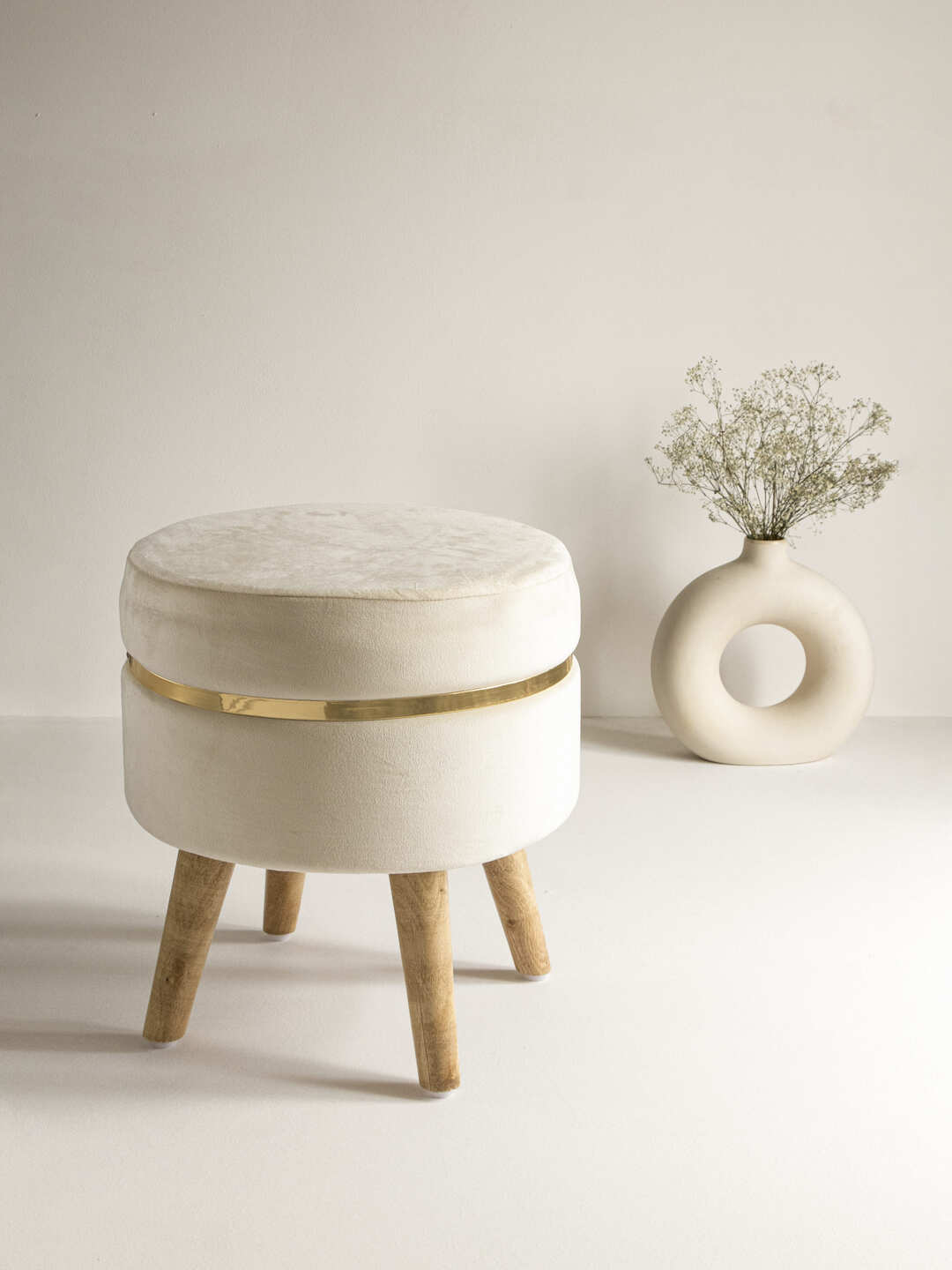Suede Light Cream Stool With Golden Ring & Wood Legs
