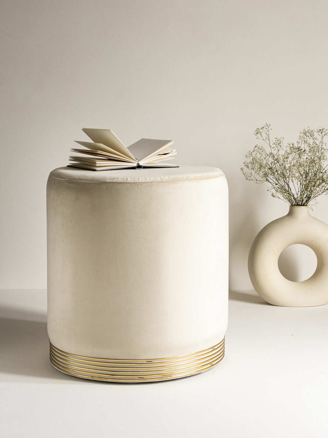 Suede Light Cream Stool With Gold Rings