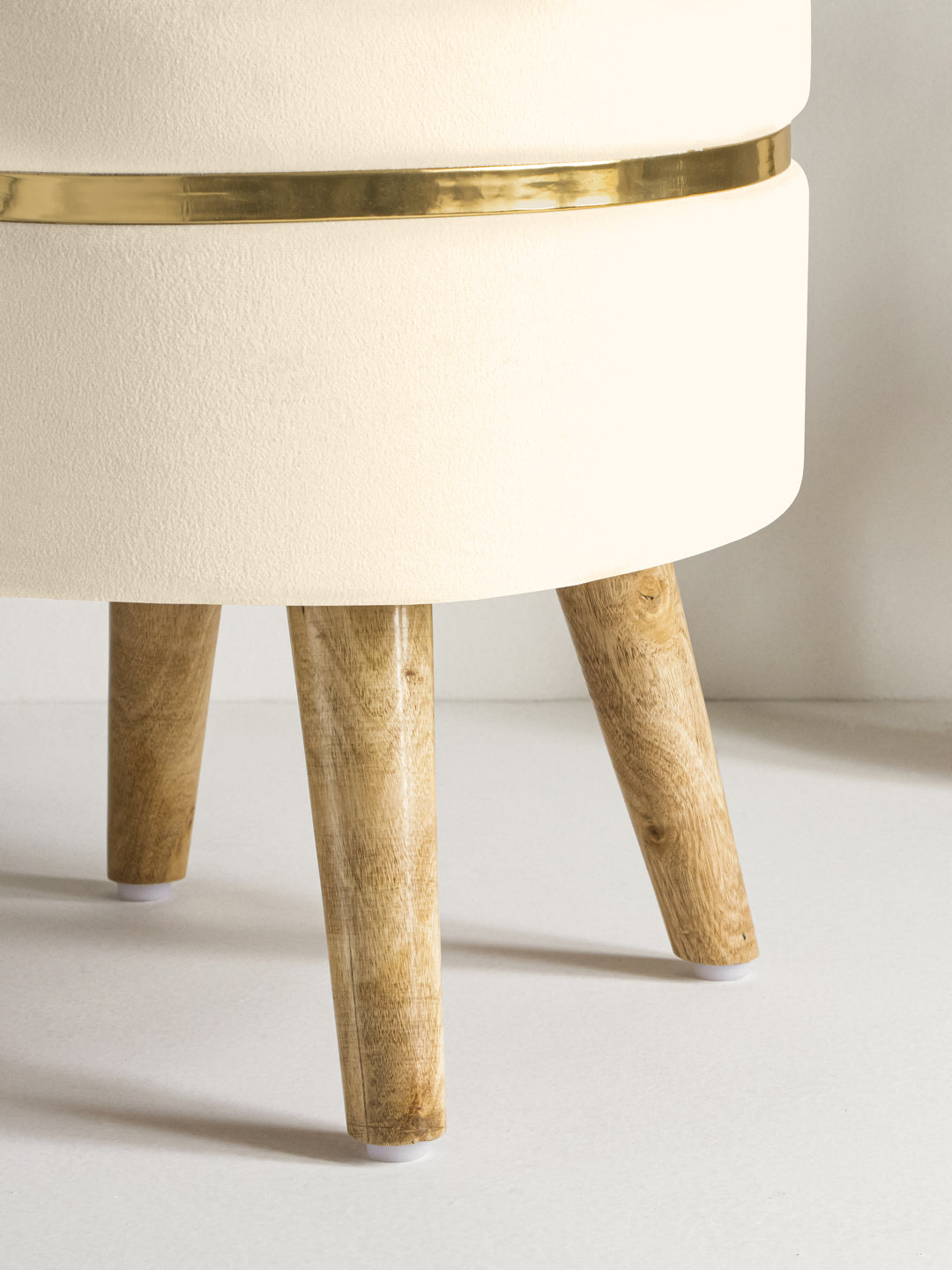 White Stool With Golden Ring & Wood Legs