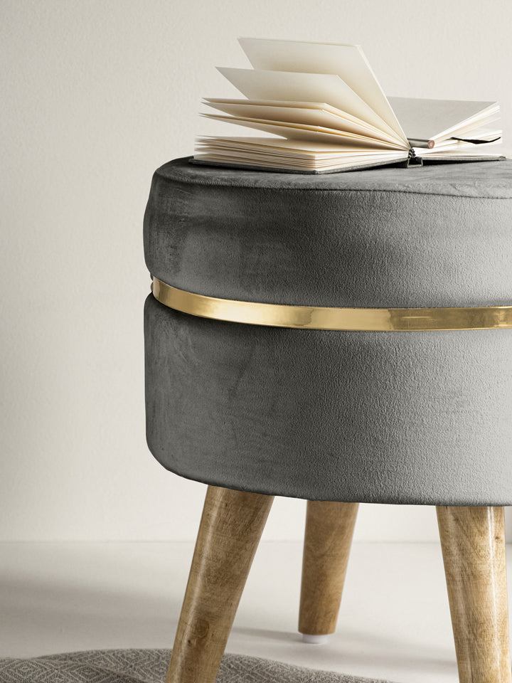 Grey Stool With Golden Ring & Wood Legs