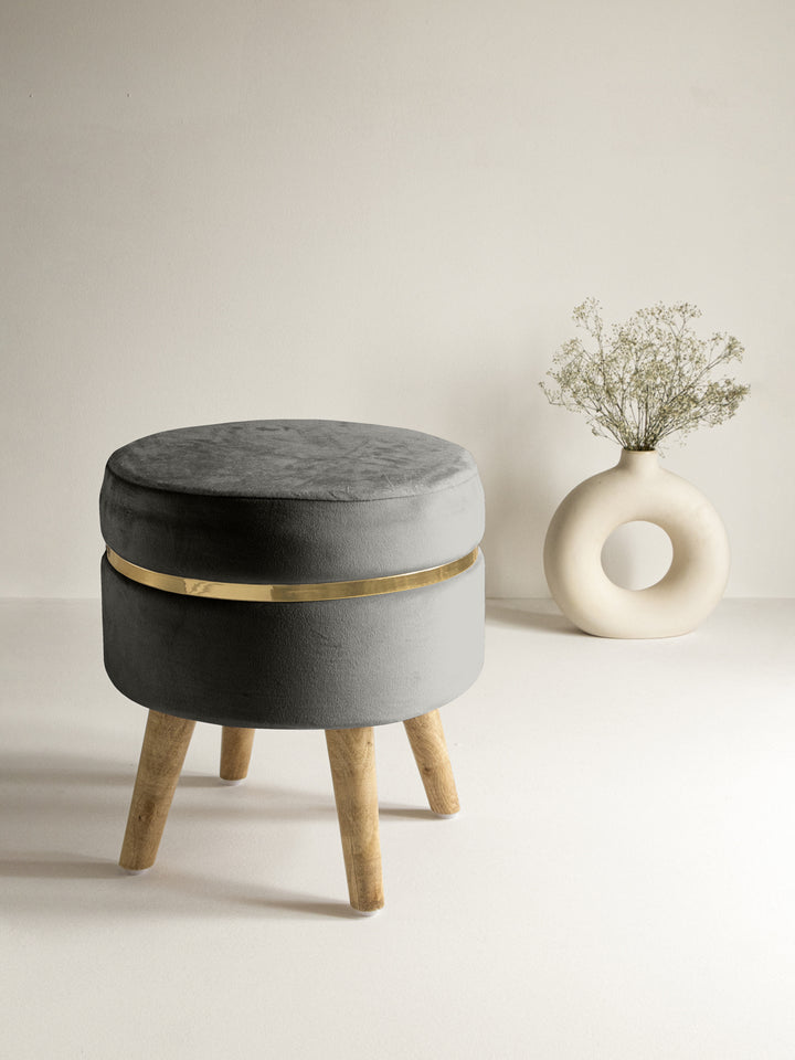 Grey Stool With Golden Ring & Wood Legs