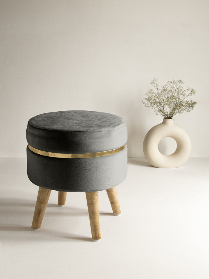 Suede Grey Stool With Golden Ring & Wood Legs