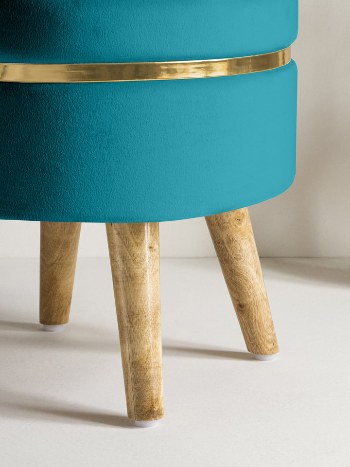 Suede Teal Blue Stool With Golden Ring & Wood Legs