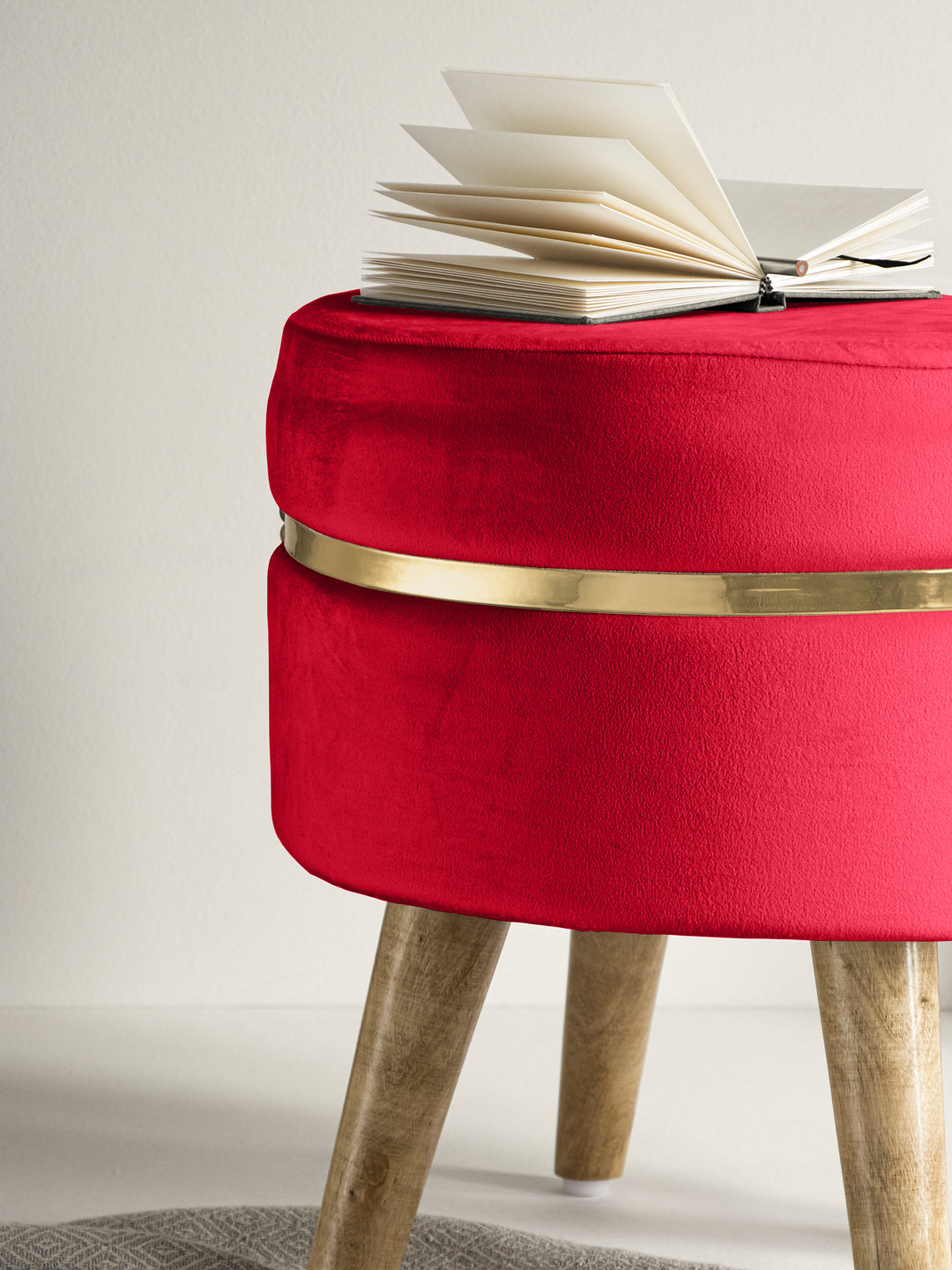 Suede Crismon Red Stool With Golden Ring & Wood Legs