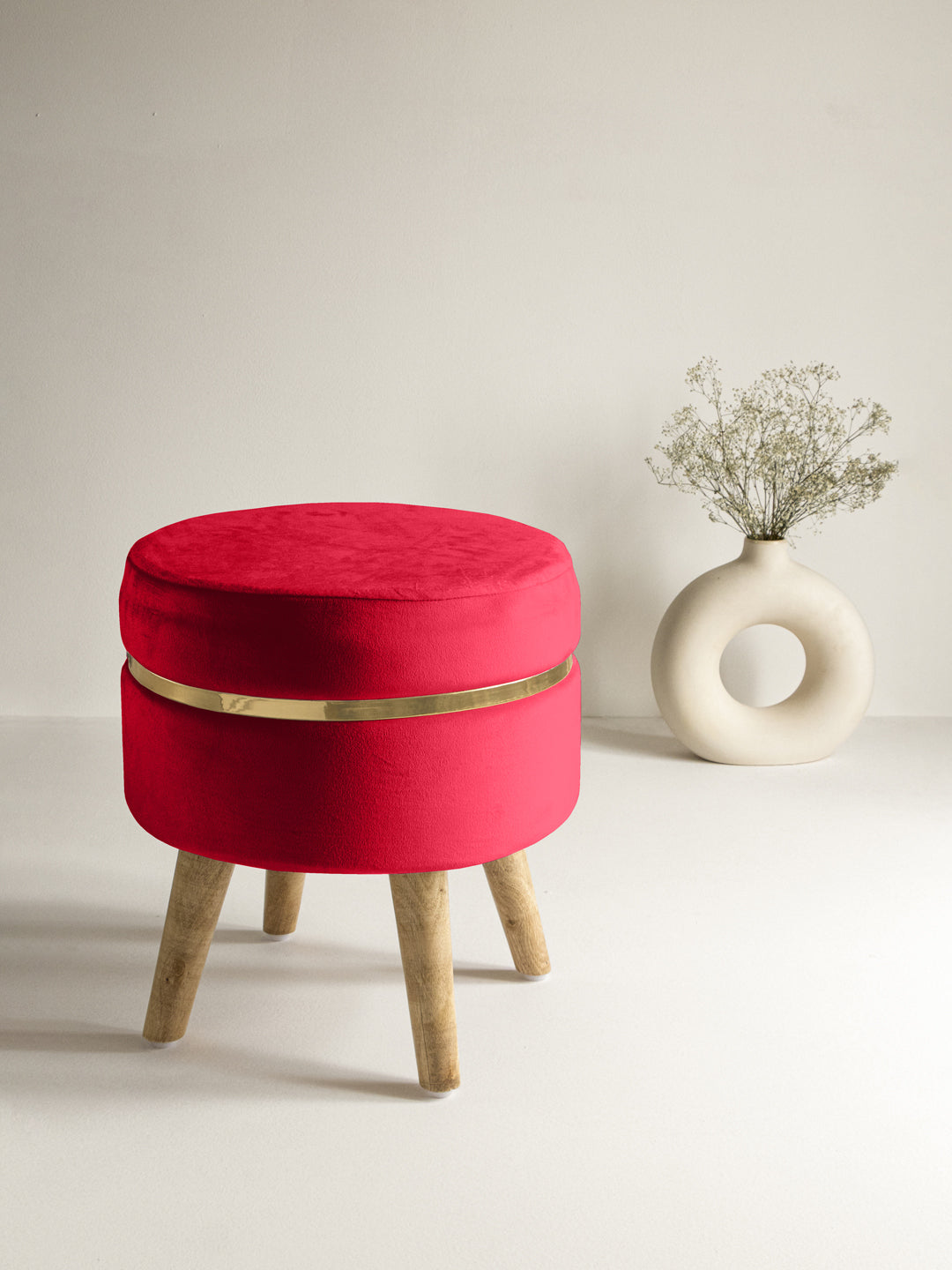 Suede Crismon Red Stool With Golden Ring & Wood Legs