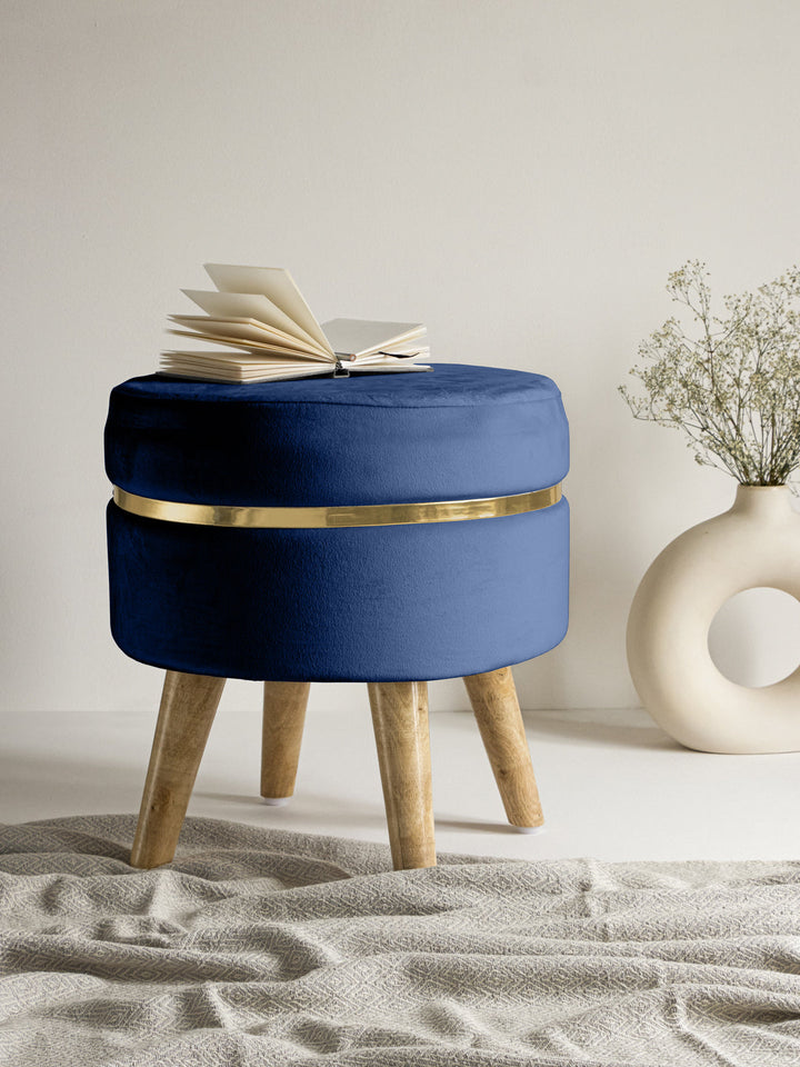 Suede Blue Stool With Golden Ring & Wood Legs