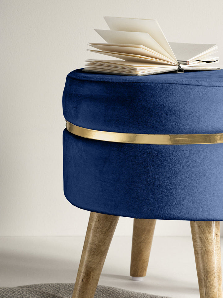 Suede Blue Stool With Golden Ring & Wood Legs