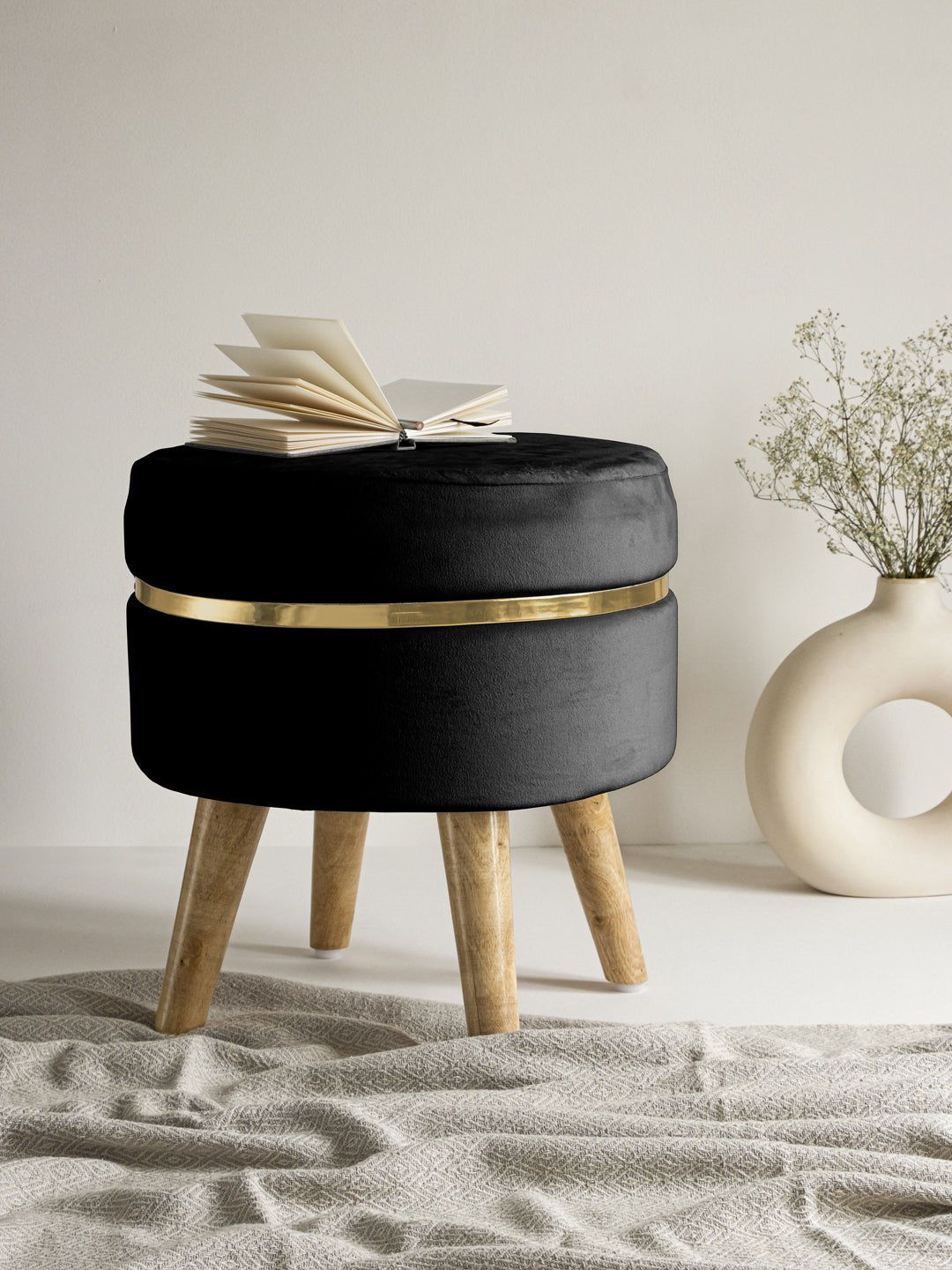Midnight Black Stool With Golden Ring & Wood Legs