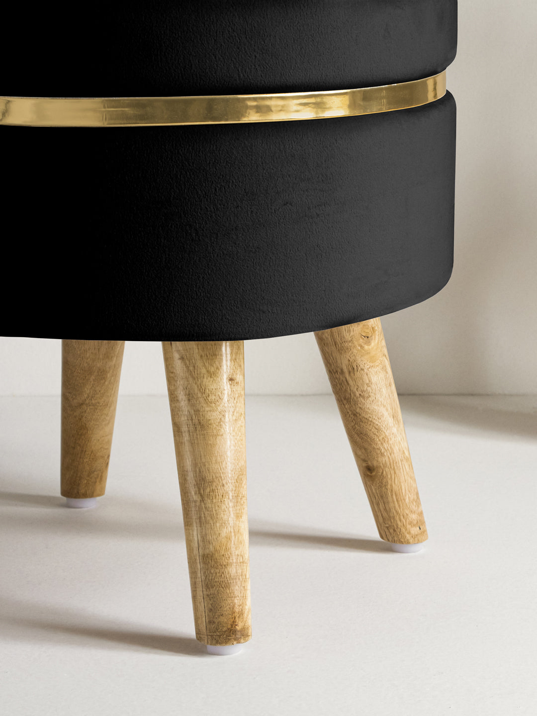 Suede Midnight Black Stool With Golden Ring & Wood Legs