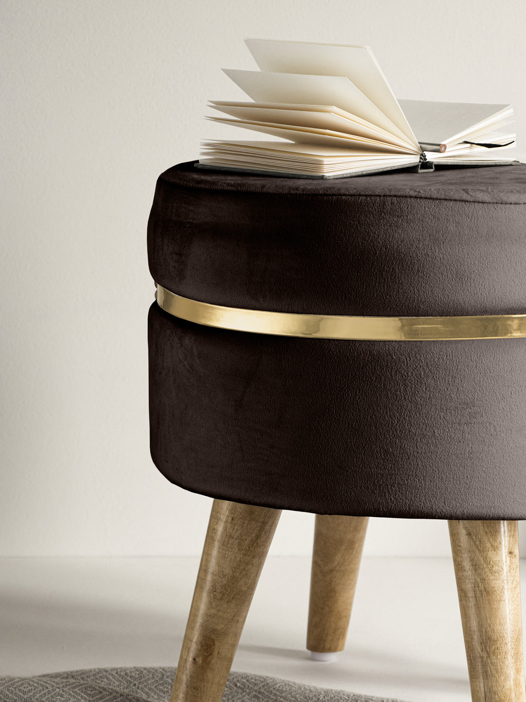 Suede Umber Brown Stool With Golden Ring & Wood Legs