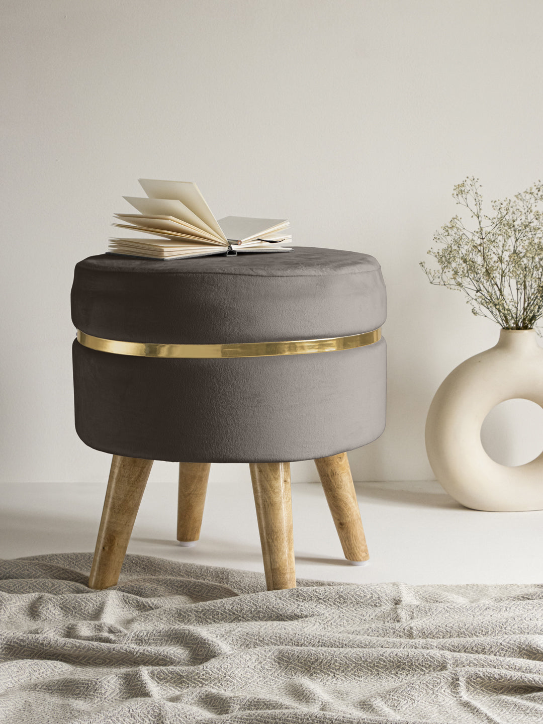Fossil Grey Stool With Golden Ring & Wood Legs