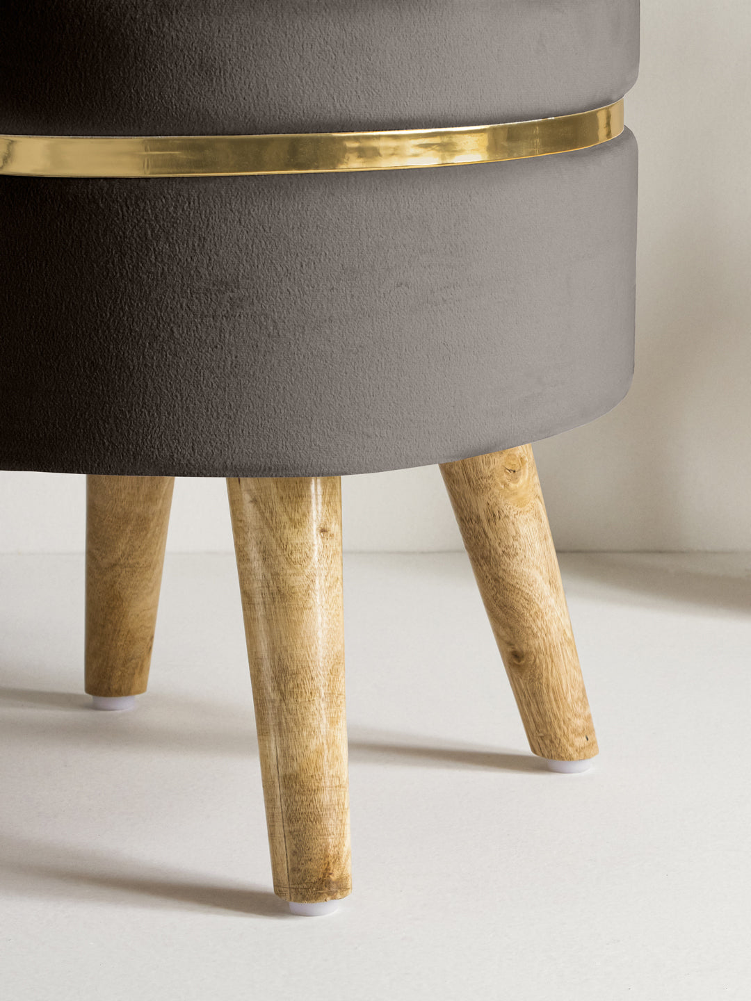 Fossil Grey Stool With Golden Ring & Wood Legs