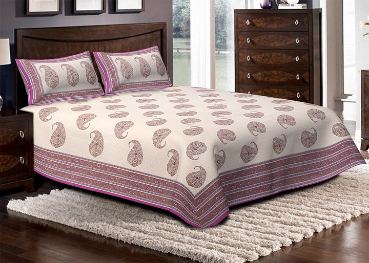 Cotton 220TC King Size Bedsheet With 2 Pillow Covers; Pink Golden Pasley