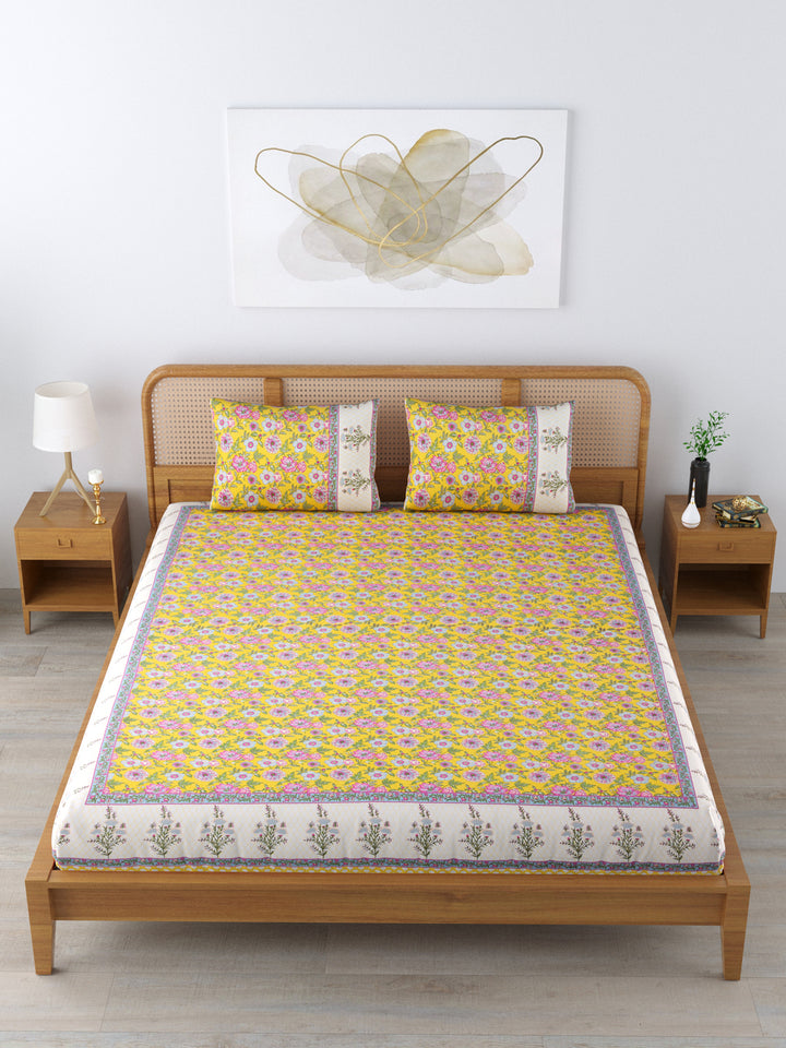 Cotton 220TC King Size Bedsheet With 2 Pillow Covers; Pink Flowers On Yellow Base