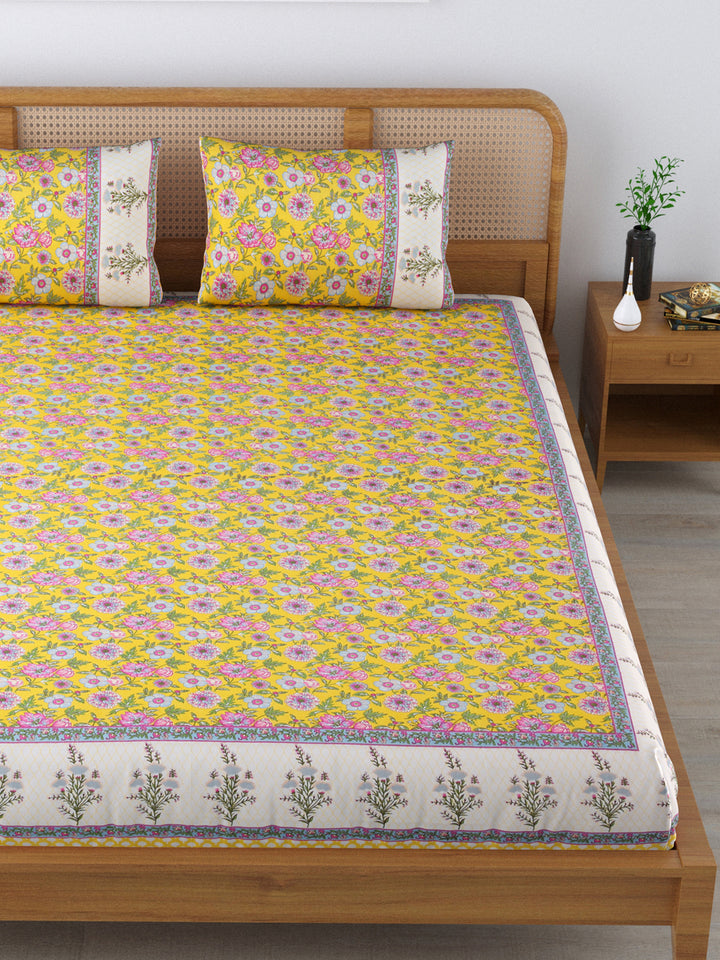 Cotton 220TC King Size Bedsheet With 2 Pillow Covers; Pink Flowers On Yellow Base