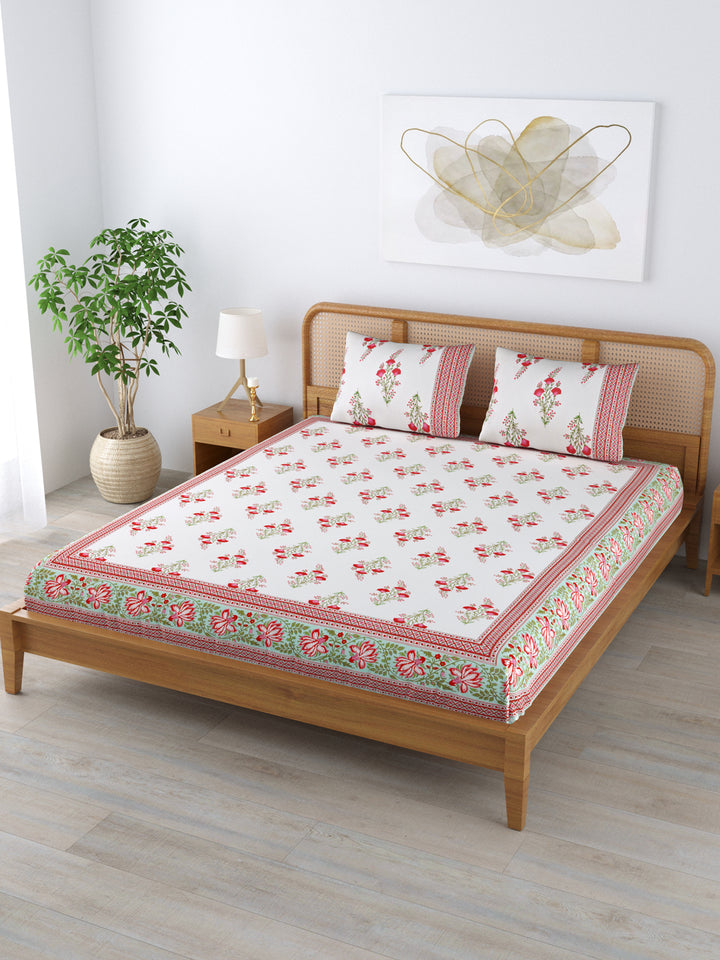 Cotton 220TC King Size Bedsheet With 2 Pillow Covers; Pink Flowers On White Base