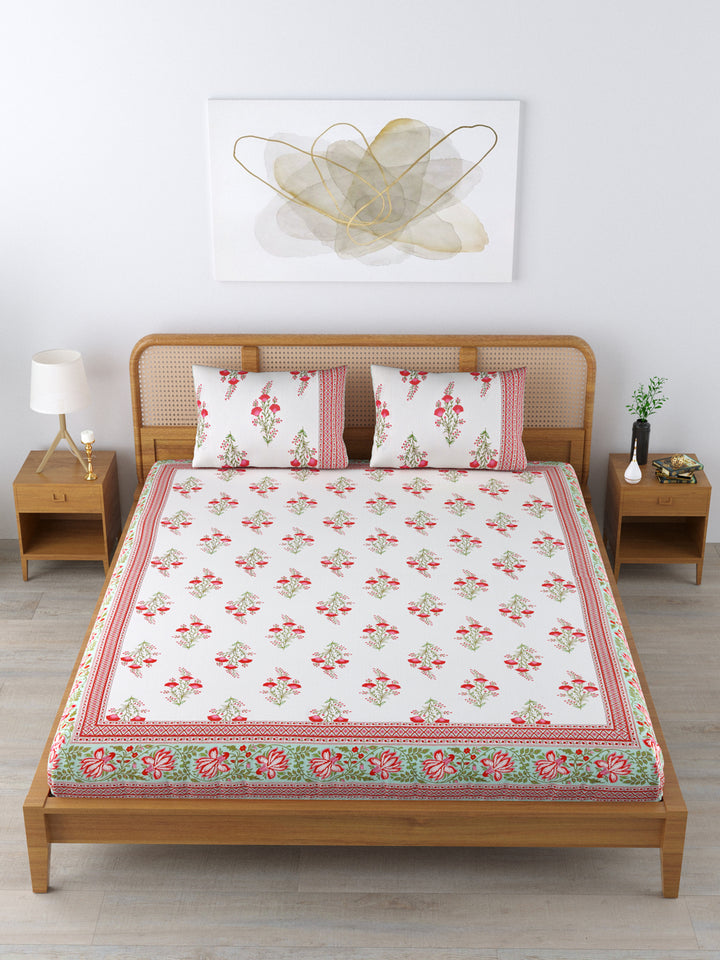 Cotton 220TC King Size Bedsheet With 2 Pillow Covers; Pink Flowers On White Base