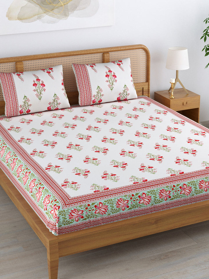 Cotton 220TC King Size Bedsheet With 2 Pillow Covers; Pink Flowers On White Base