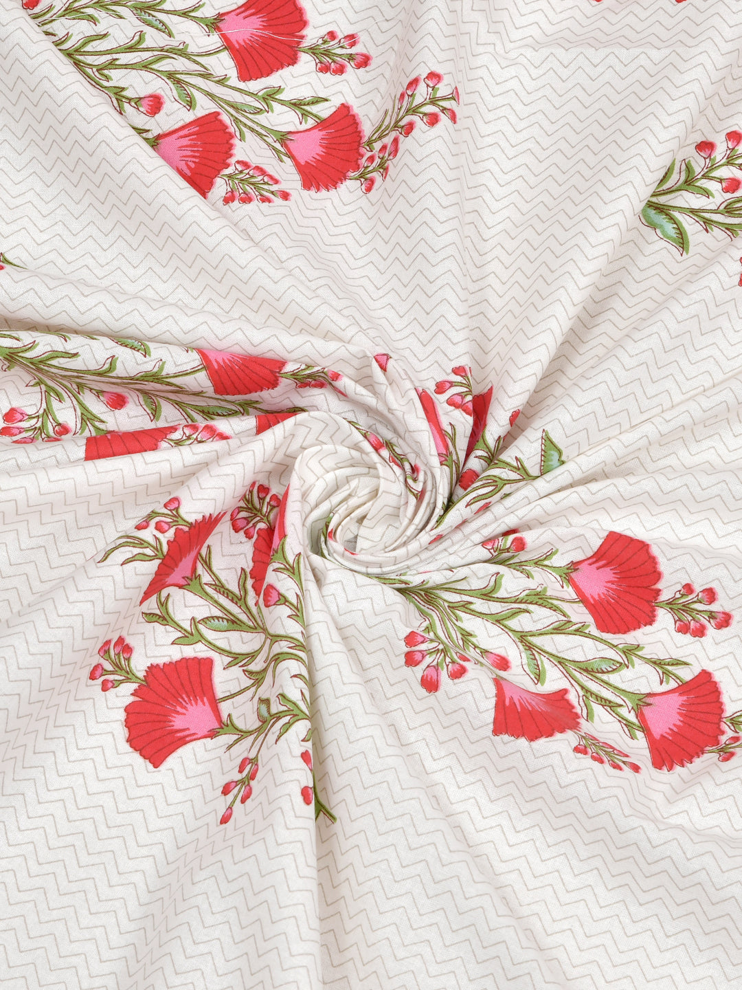 Cotton 220TC King Size Bedsheet With 2 Pillow Covers; Pink Flowers On White Base