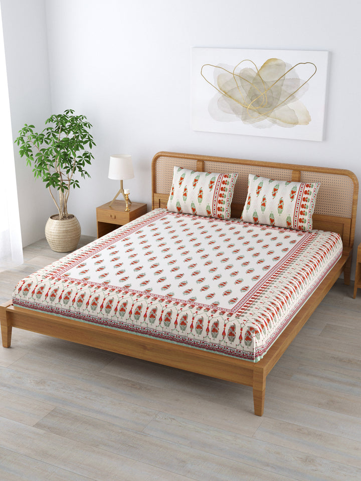 Cotton 220TC King Size Bedsheet With 2 Pillow Covers; Orange Flowers On Yellow Base