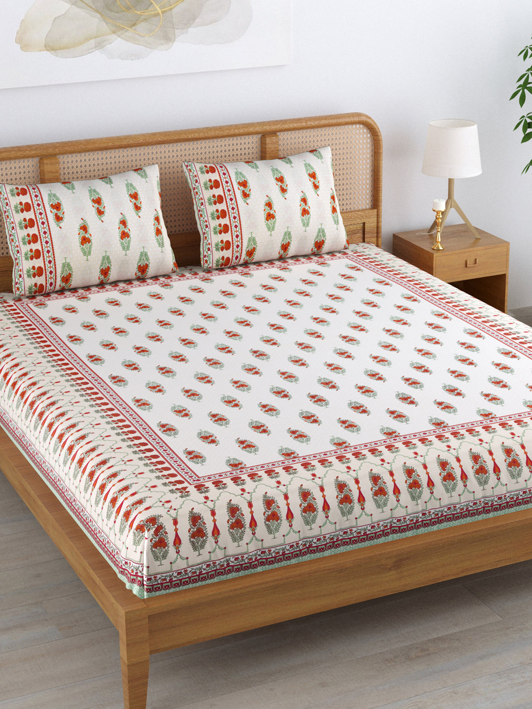 Cotton 220TC King Size Bedsheet With 2 Pillow Covers; Orange Flowers On Yellow Base