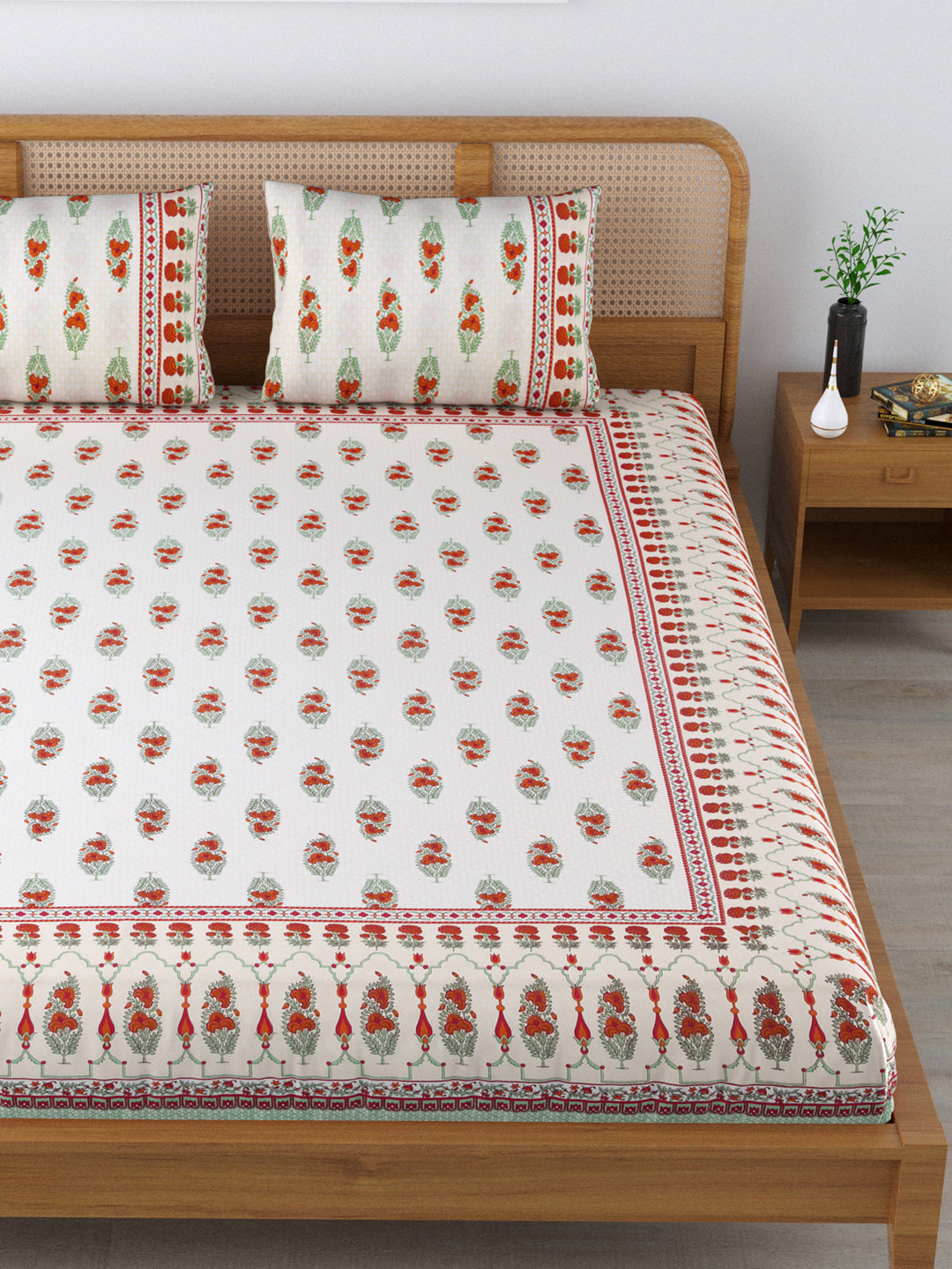Cotton 220TC King Size Bedsheet With 2 Pillow Covers; Orange Flowers On Yellow Base