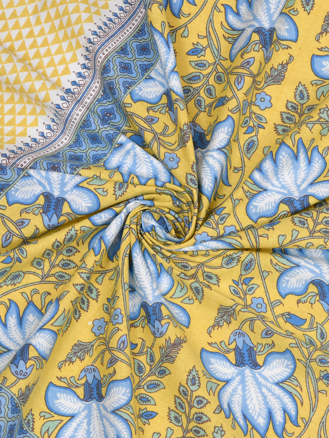 Cotton 220TC King Size Bedsheet With 2 Pillow Covers; White Blue Flowers On Yellow Base