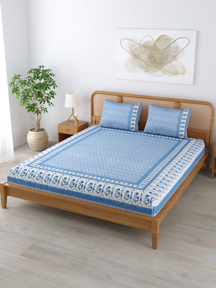 Cotton 220TC King Size Bedsheet With 2 Pillow Covers; White Grey Motif On Blue Base