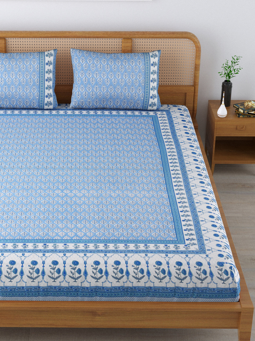 Cotton 220TC King Size Bedsheet With 2 Pillow Covers; White Grey Motif On Blue Base