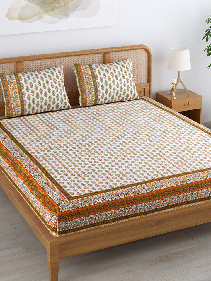 Cotton 220TC King Size Bedsheet With 2 Pillow Covers; Green Orange Leaves On White Base