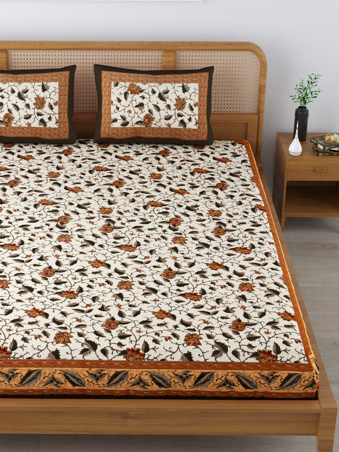 Cotton 220TC King Size Bedsheet With 2 Pillow Covers; Brown Flowers & Grey Leaves