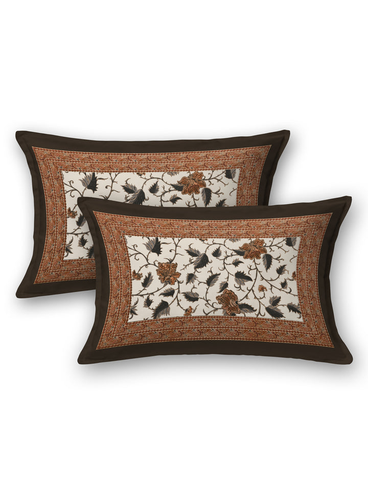 Cotton 220TC King Size Bedsheet With 2 Pillow Covers; Brown Flowers & Grey Leaves