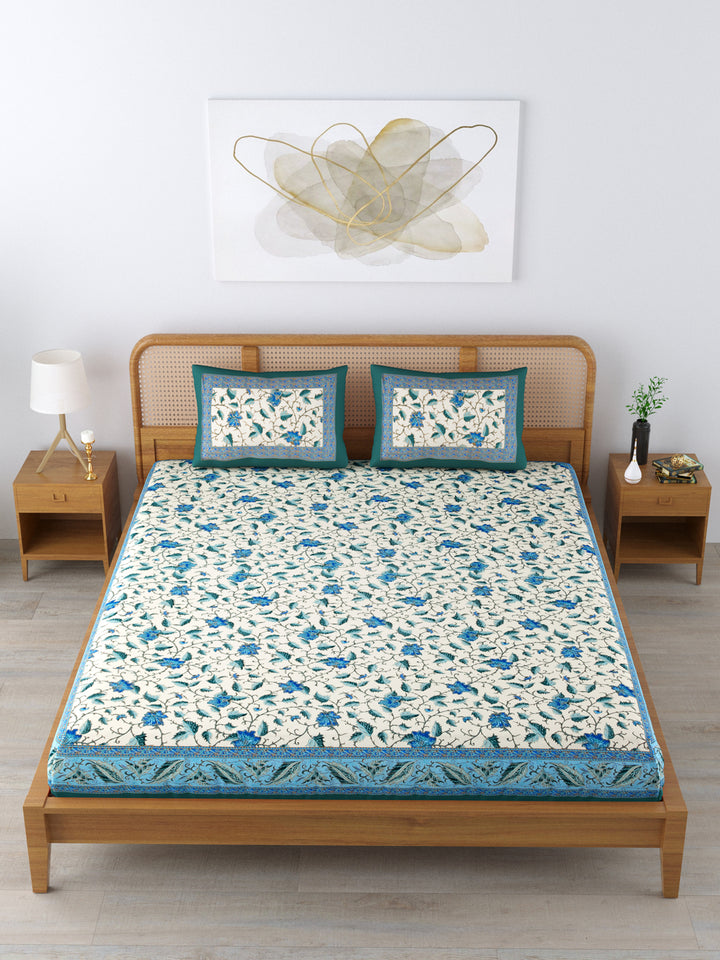 Cotton 220TC King Size Bedsheet With 2 Pillow Covers; Blue Flowers & Blue Leaves