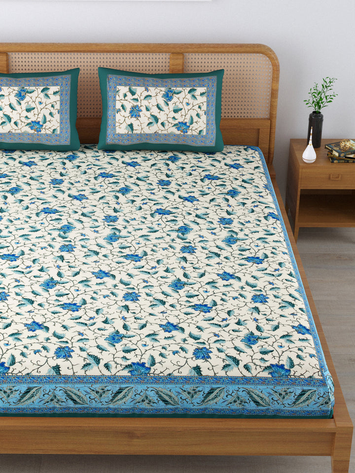 Cotton 220TC King Size Bedsheet With 2 Pillow Covers; Blue Flowers & Blue Leaves