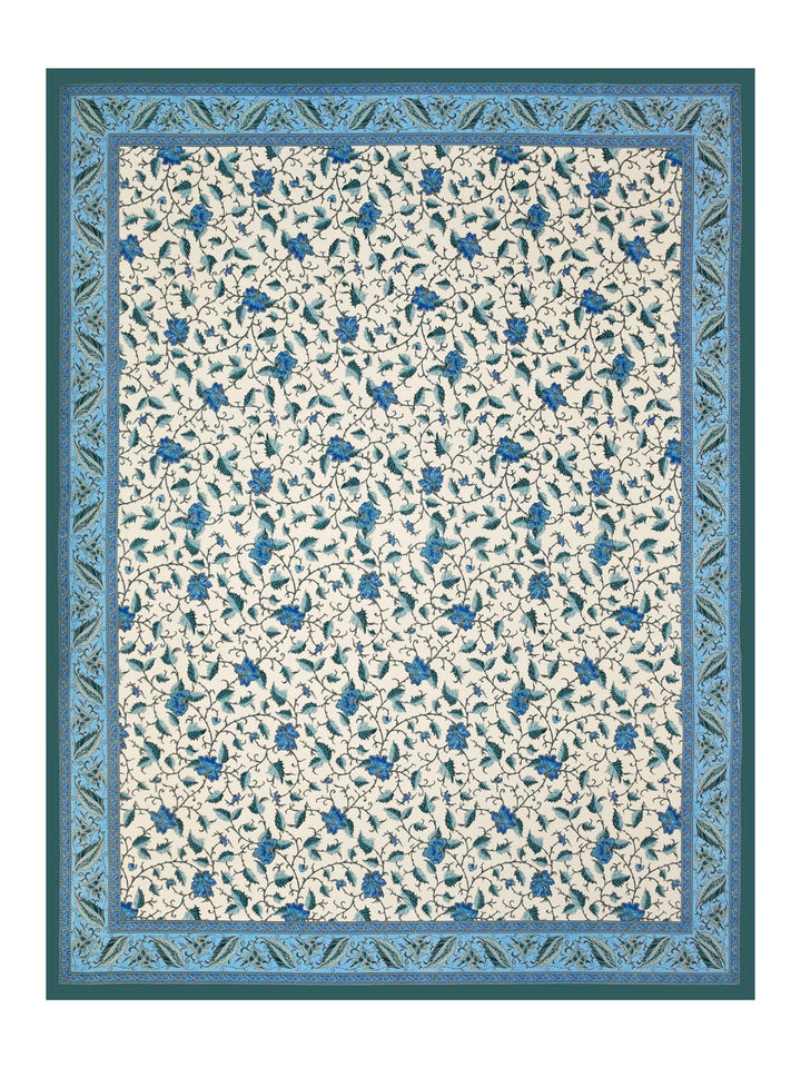 Cotton 220TC King Size Bedsheet With 2 Pillow Covers; Blue Flowers & Blue Leaves