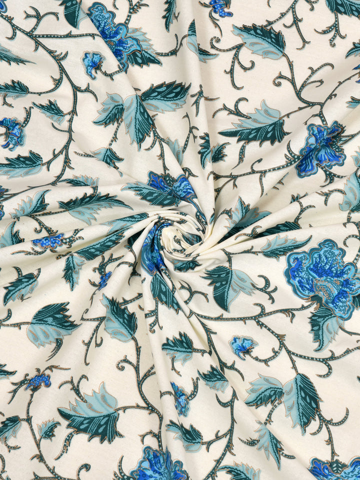 Cotton 220TC King Size Bedsheet With 2 Pillow Covers; Blue Flowers & Blue Leaves