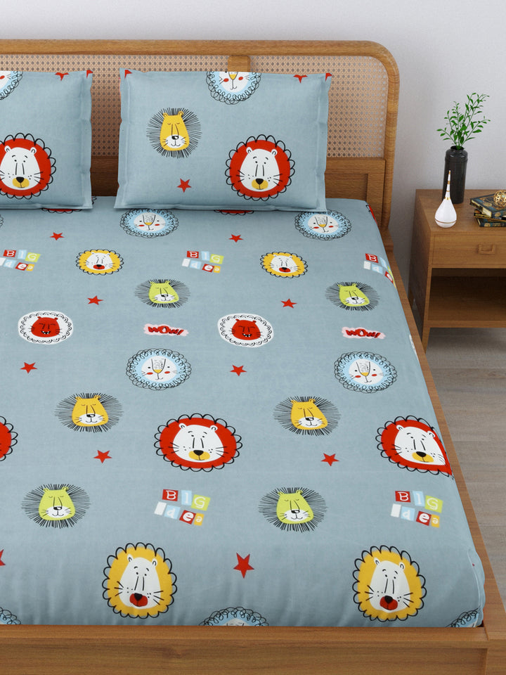 Micro Cotton 220TC Double Bed Bedsheet With 2 Pillow Covers; Animal Face On Grey