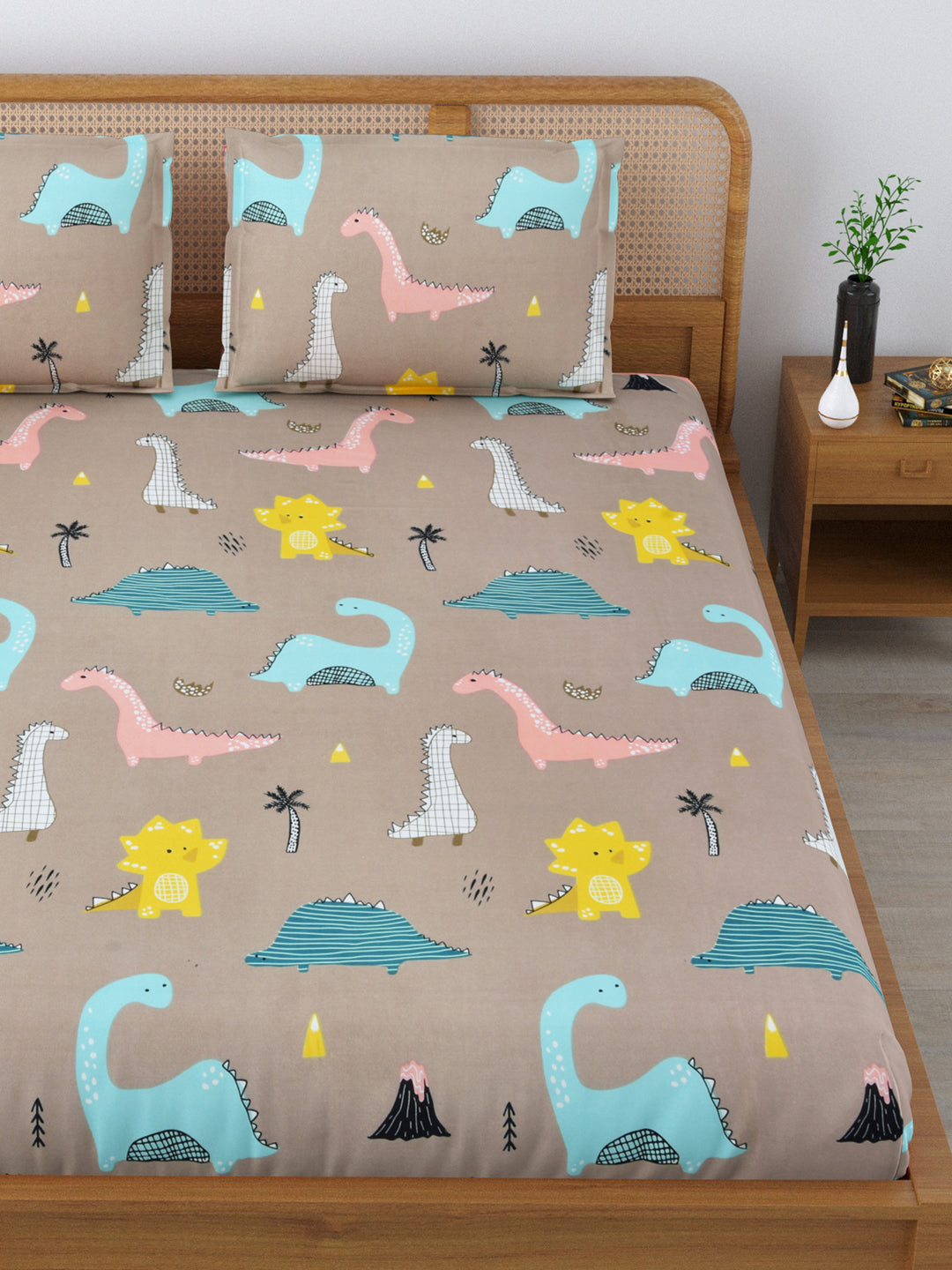 Micro Cotton 220TC Double Bed Bedsheet With 2 Pillow Covers; Peach & Blue Animals