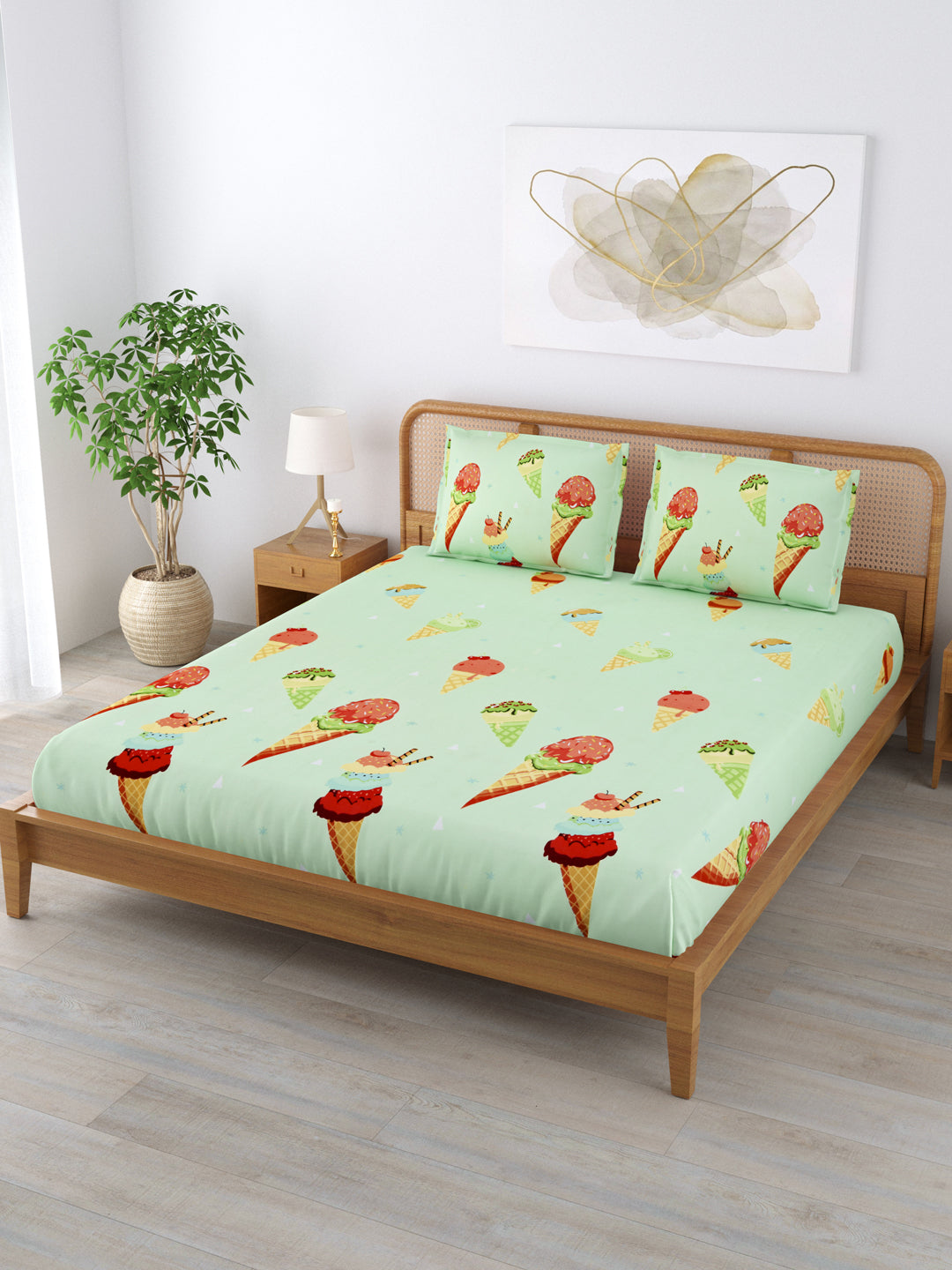 Micro Cotton 220TC Double Bed Bedsheet With 2 Pillow Covers; Ice Cream Cones