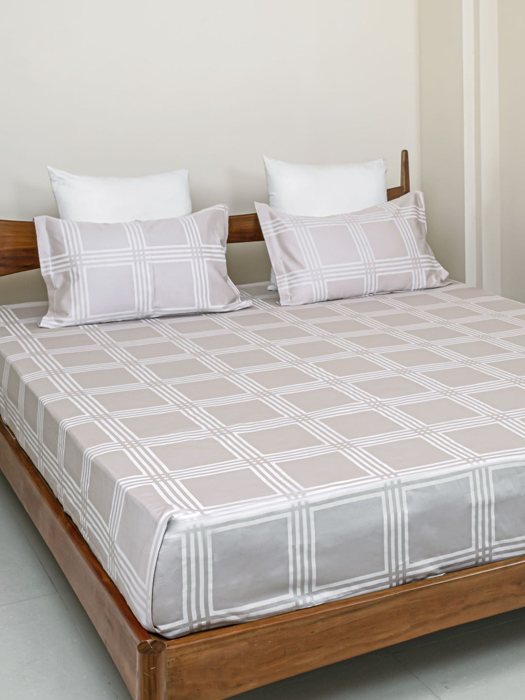 Cotton 400TC King Size Bedsheet With 2 Pillow Covers; Primrose Pink Checks