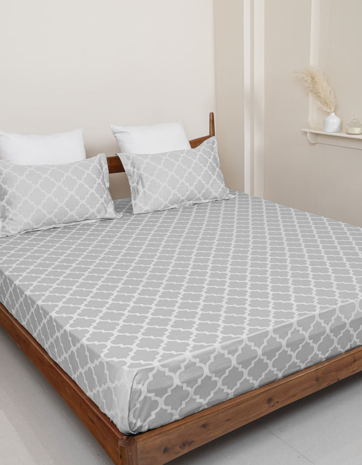 Cotton 400TC King Size Bedsheet With 2 Pillow Covers; Lava Grey Motif