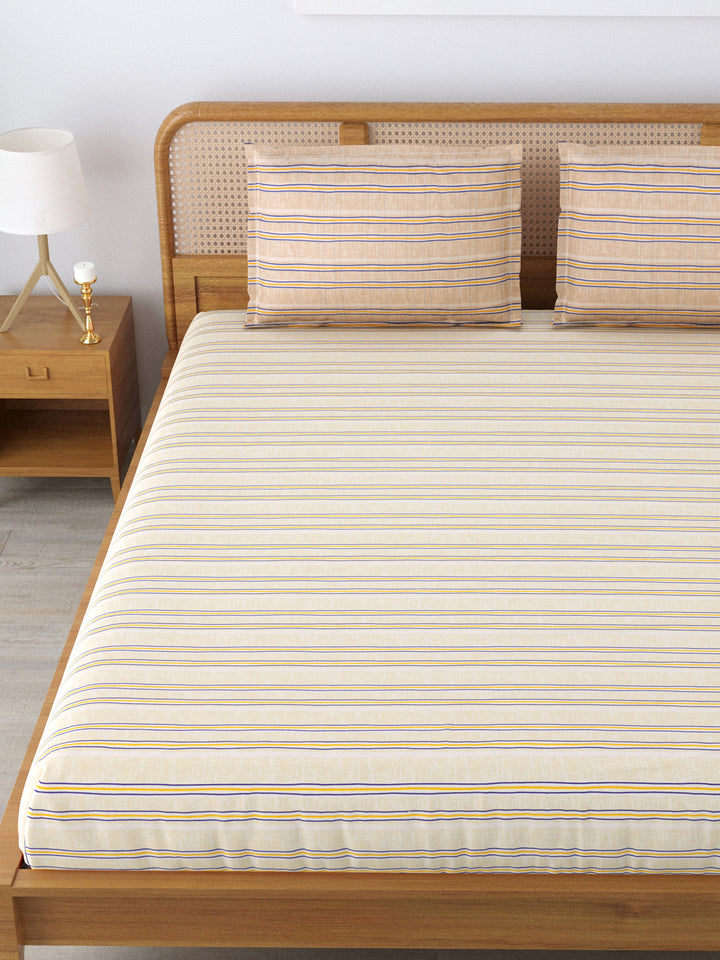 Cotton 180TC Double Bed Bedsheet With 2 Pillow Covers; 90x100 Inches; Yellow Stripes
