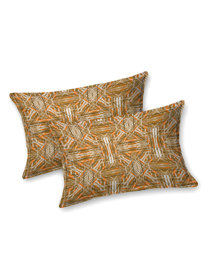 Cotton 180TC Double Bed Bedsheet With 2 Pillow Covers; Grey Orange Abstract