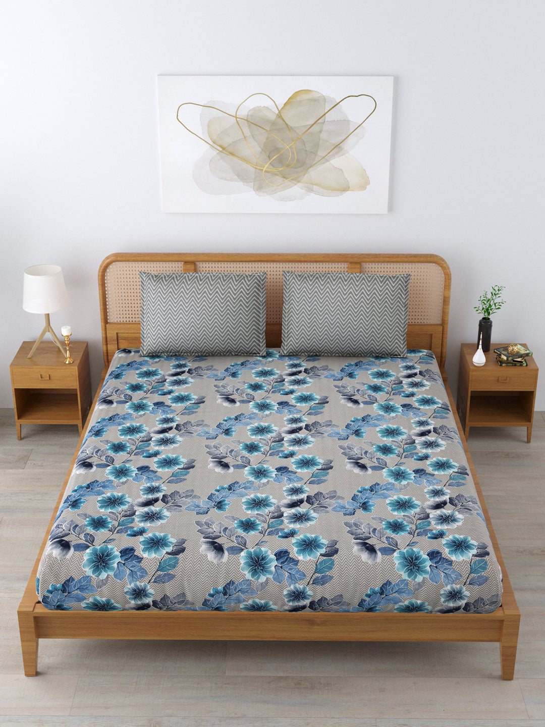 Cotton 180TC Double Bed Bedsheet With 2 Pillow Covers; Blue Flowers
