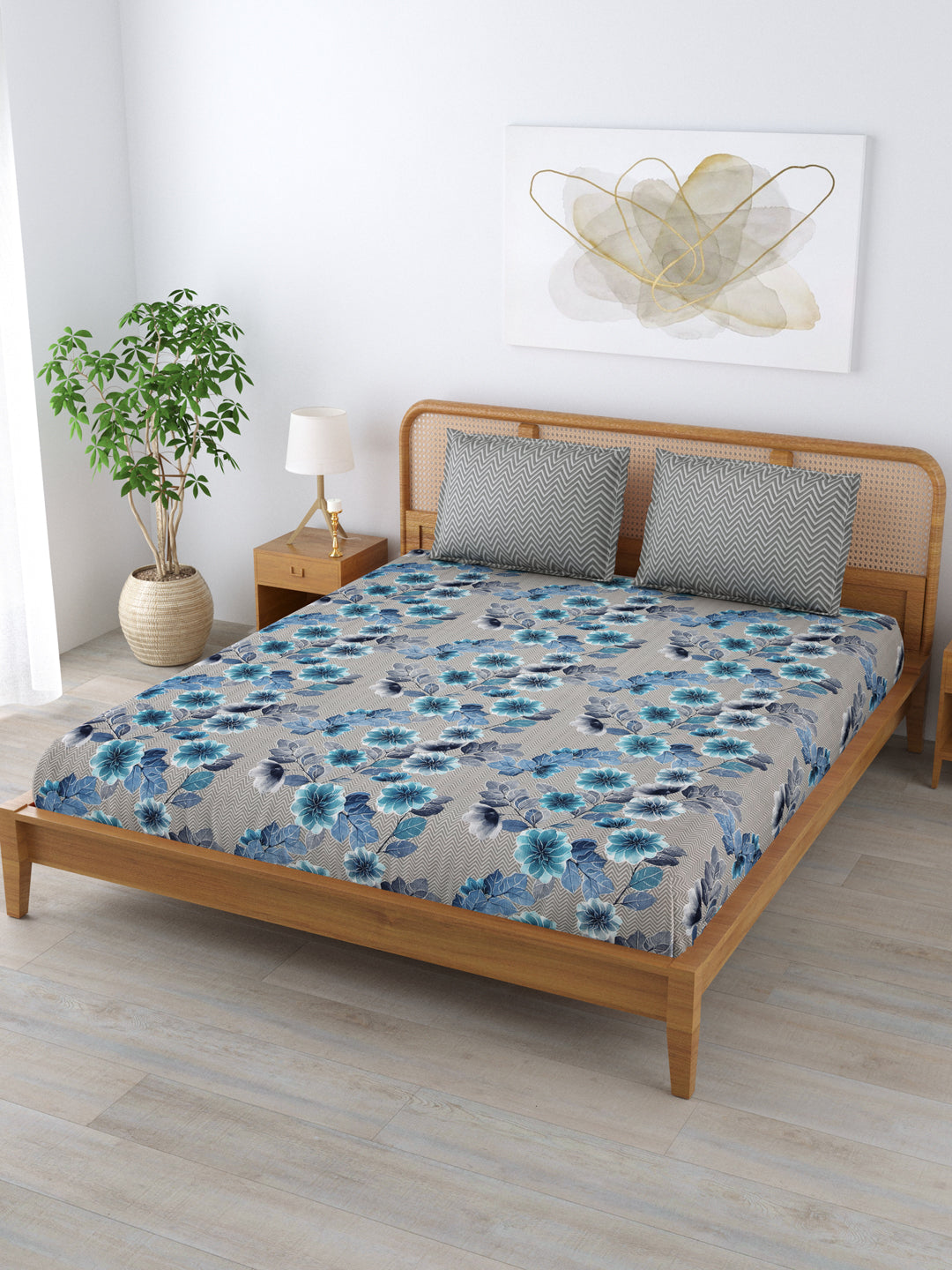 Cotton 180TC Double Bed Bedsheet With 2 Pillow Covers; Blue Flowers