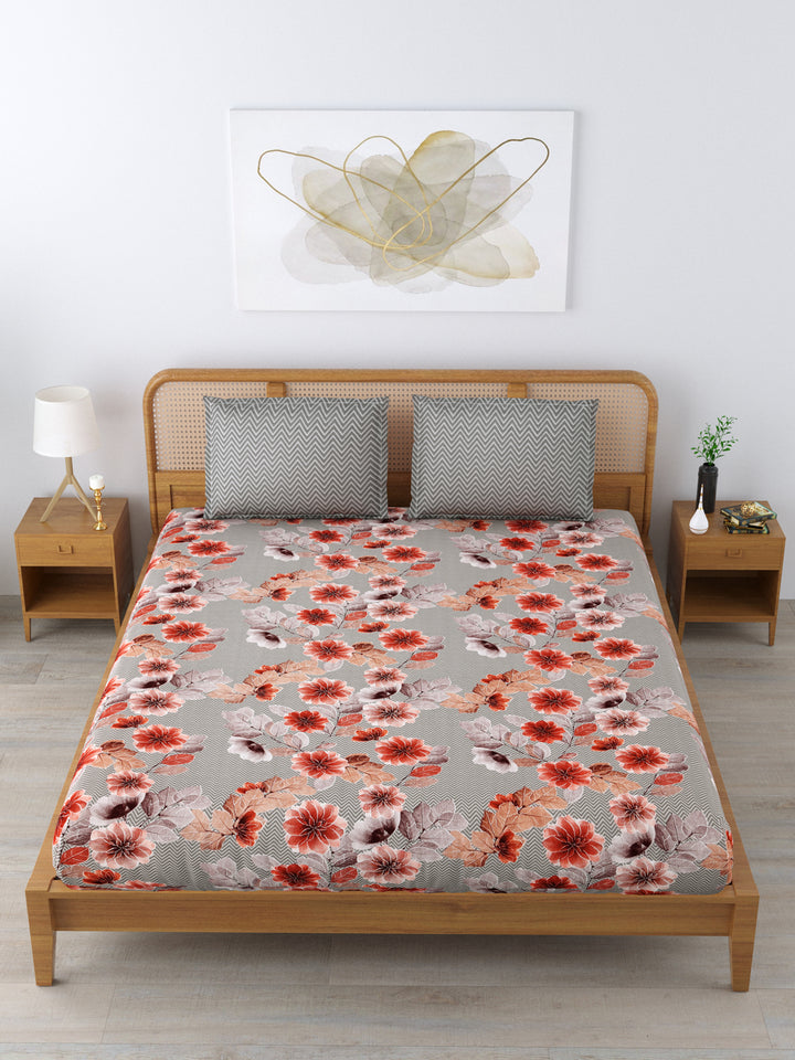 Cotton 180TC Double Bed Bedsheet With 2 Pillow Covers; Rust Orange Flowers